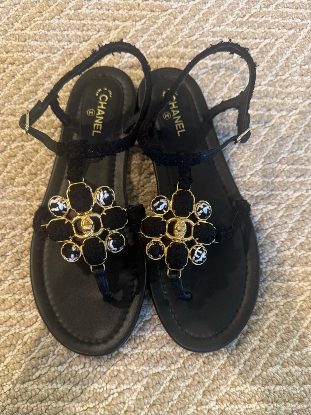CHANEL Black & Gold Floral Motif Slingback Sandals
